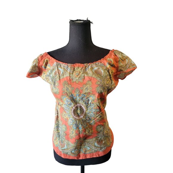 Lucky Brand Orange Aztec Short Sleeve Blouse Size M Bohemian Hippie Western - Picture 1 of 6